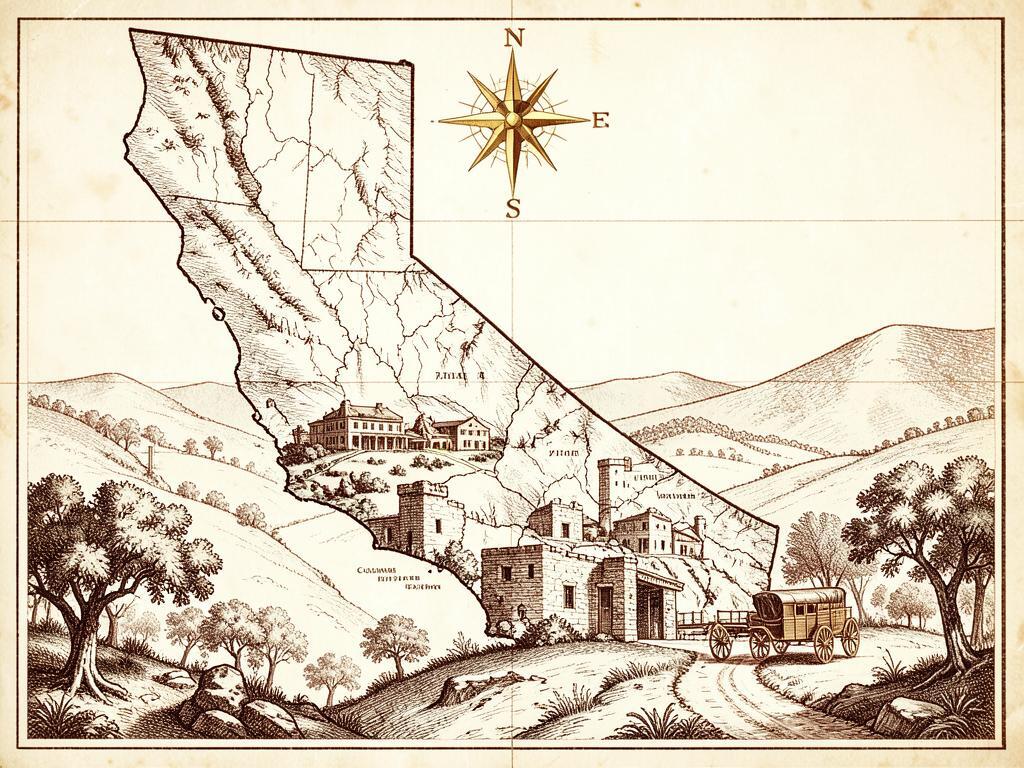 Illustrated antique-style map of California inside the United States with a gold marker on Columbia State Historic Park in Tuolumne County, with an engraved gold-rush town, stagecoach road and rolling oak hills