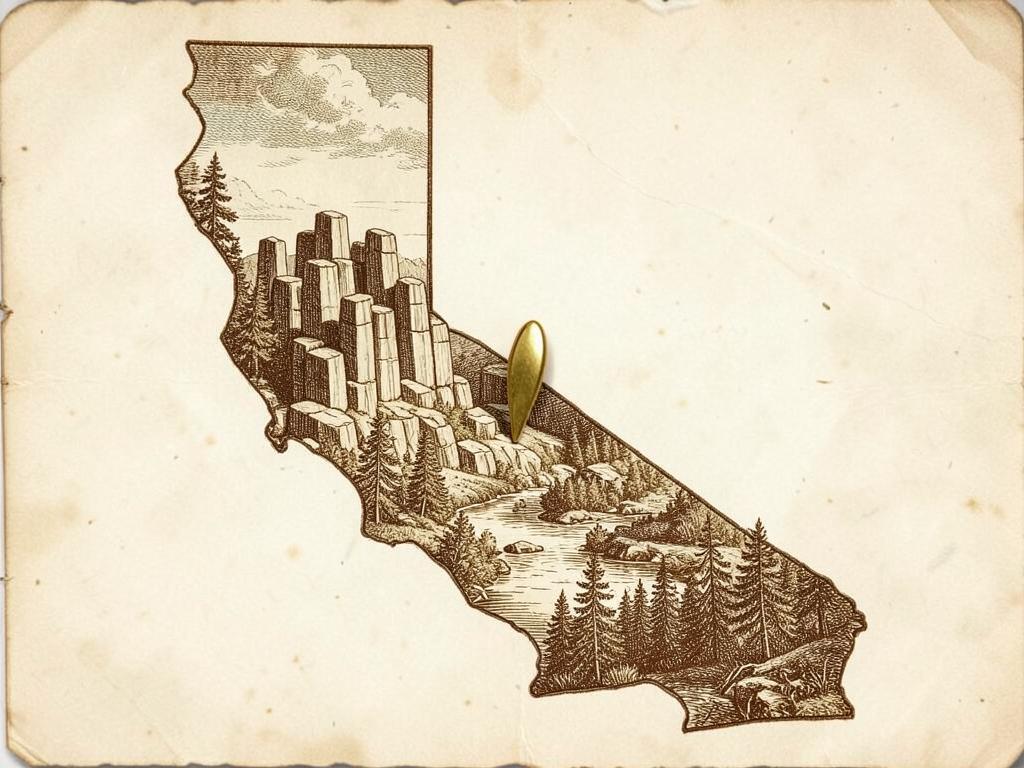 Illustrated antique-style map of California inside the United States with a gold marker on the Columns of the Giants near Pigeon Flat, with an engraved cliff of hexagonal basalt columns beside a river