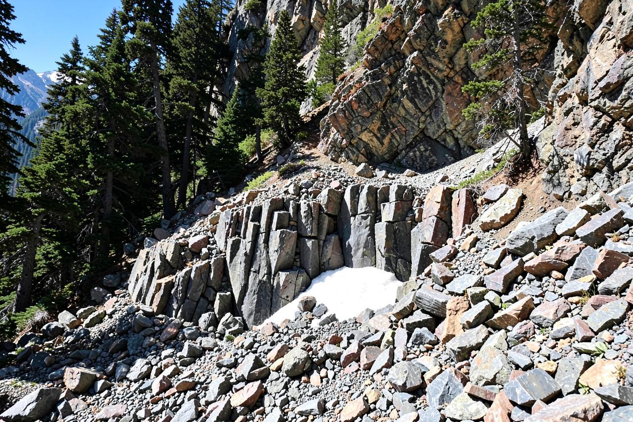 Broken basalt columns in a talus slope with a patch of ice surviving in the shade