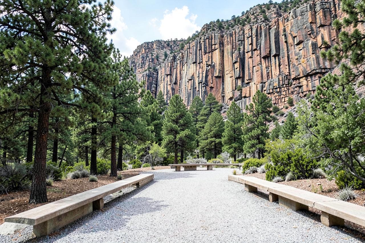 A flat gravel interpretive path through pines toward a wall of columnar basalt