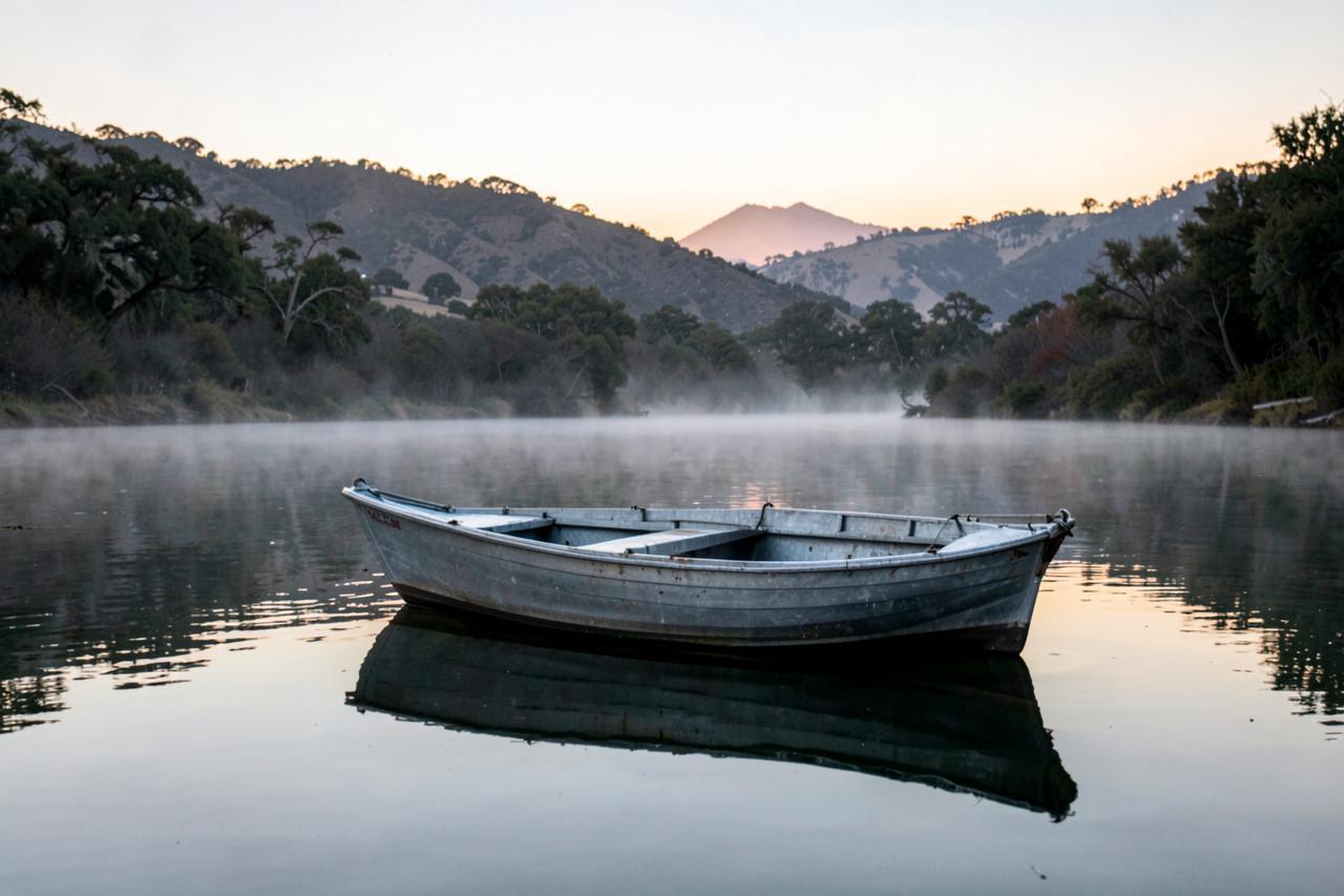 A small aluminium fishing boat on a glassy reservoir arm at dawn with mist and oak-dotted hills