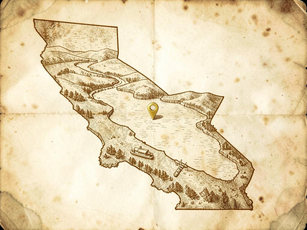 Illustrated antique-style map of California inside the United States with a gold marker on Don Pedro Lake south of Sonora