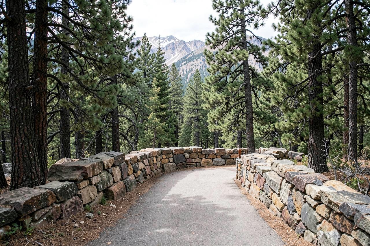 A short paved path between low stone walls leading to a forest overlook