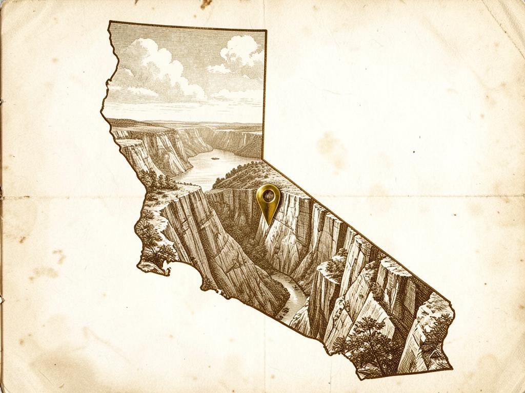 Illustrated antique-style map of California inside the United States with a gold marker on Donnells Vista above the Stanislaus gorge, with an engraved deep granite canyon and a narrow reservoir