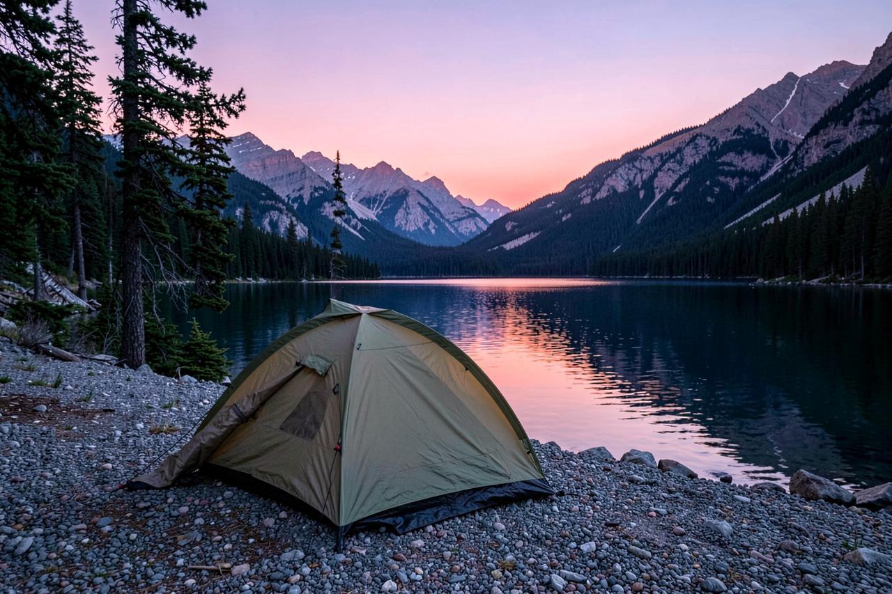 A small backpacking tent pitched beside a high Sierra lake at dusk