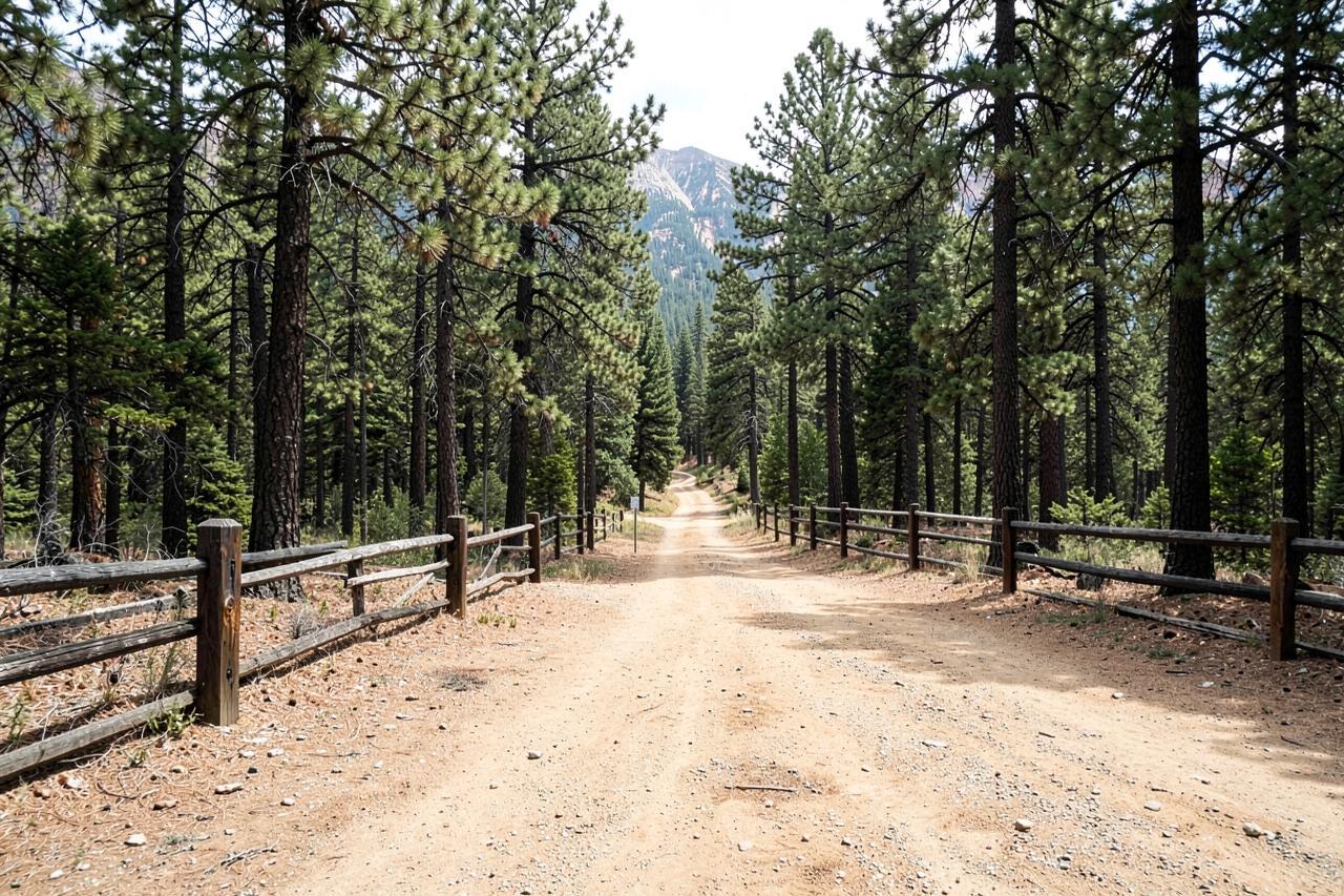 A dirt forest trailhead with a post-and-rail fence at the edge of a pine forest
