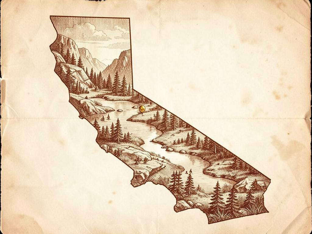 Illustrated antique-style map of California inside the United States with a gold marker on the Emigrant Wilderness north of Sonora Pass, with engraved granite basins, small lakes and whitebark pines