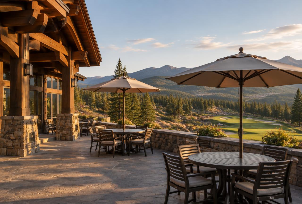 A timber clubhouse patio with tables and umbrellas looking out over a forested golf course