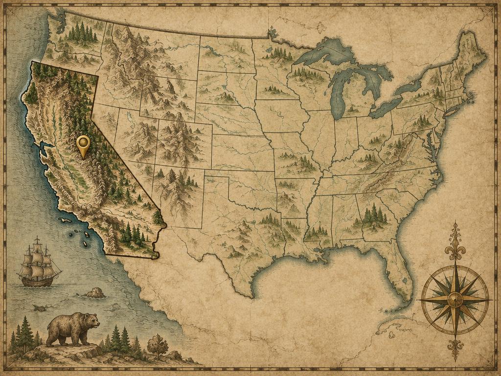 Illustrated antique-style map of California inside the United States with a gold marker on Forest Meadows between Arnold and Murphys