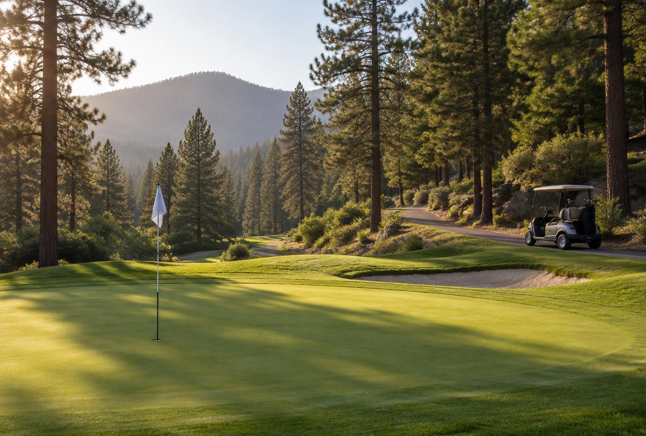 A putting green with a white flag beside a cart path and parked golf cart, pines behind in morning light