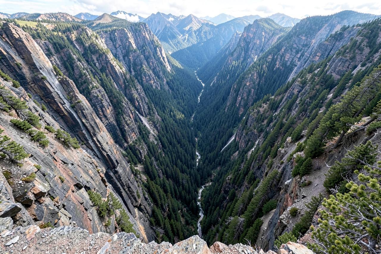 Looking down a sheer unfenced cliff edge into a deep forested canyon