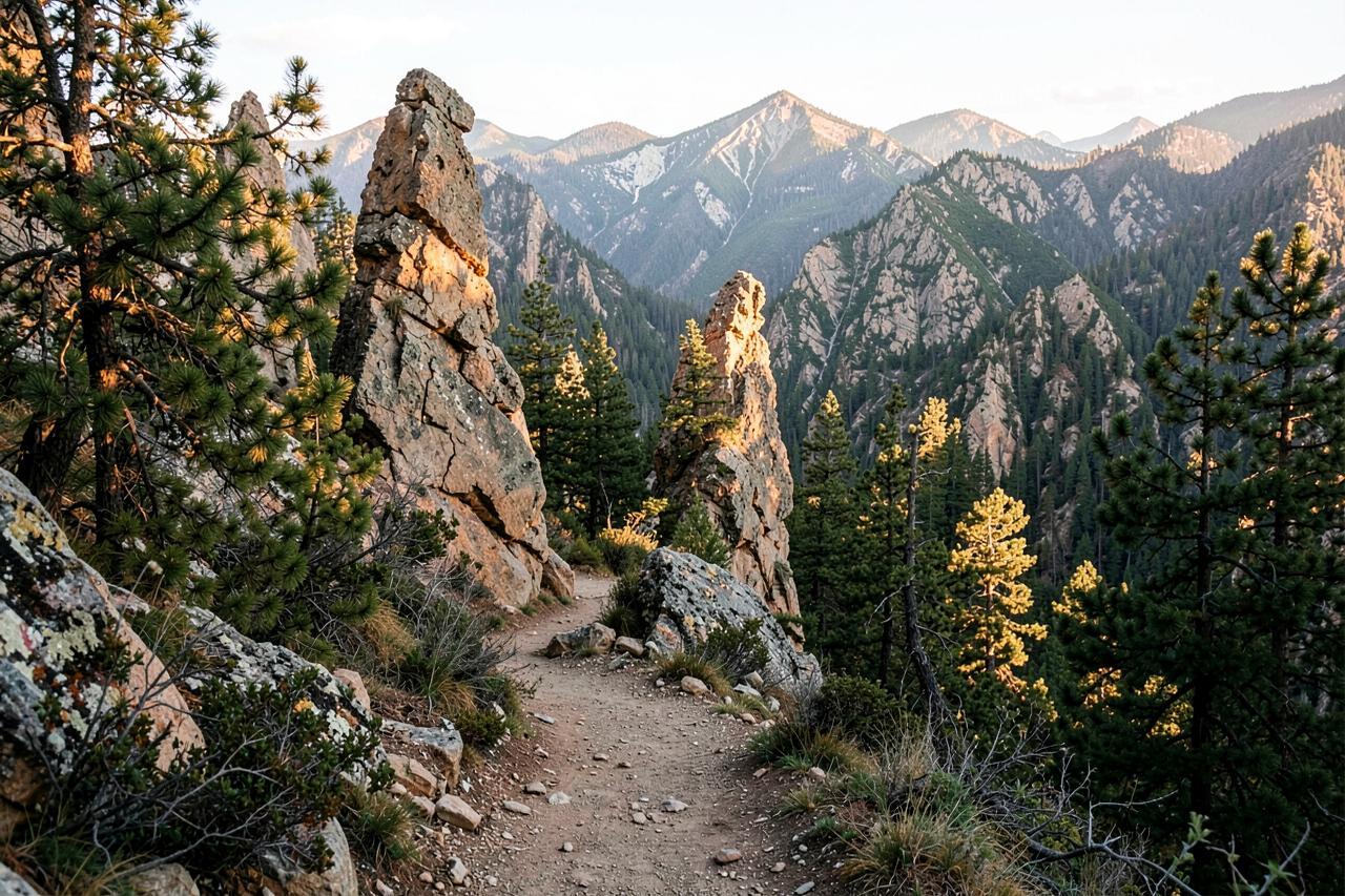 A flat dirt rim trail running past volcanic pinnacles through pine forest
