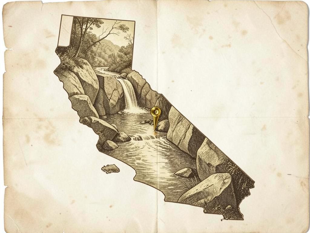 Illustrated antique-style map of California inside the United States with a gold marker on God's Bath in the Tuolumne foothill country, with an engraved granite gorge, a waterfall and a deep pool