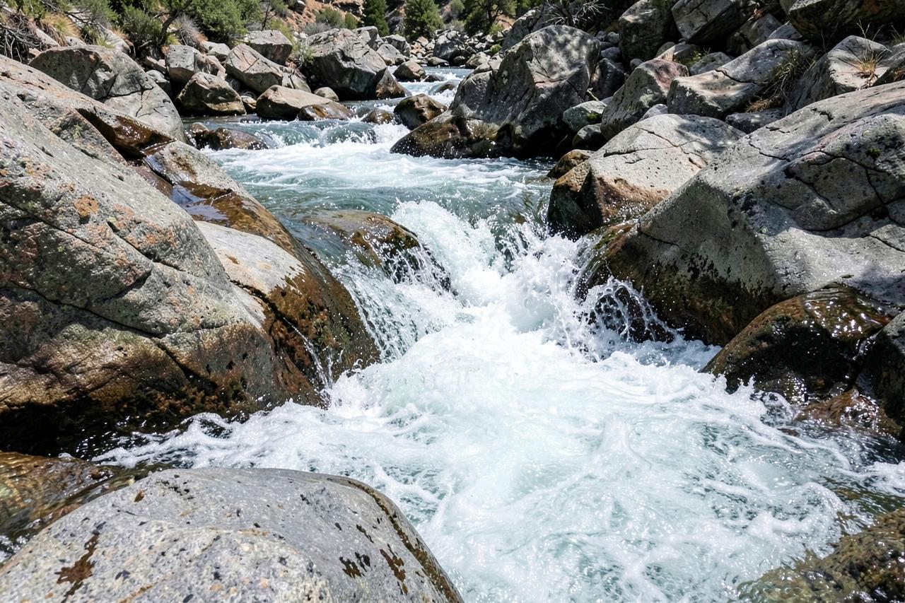 Fast whitewater squeezing between smooth granite slabs on a Sierra river