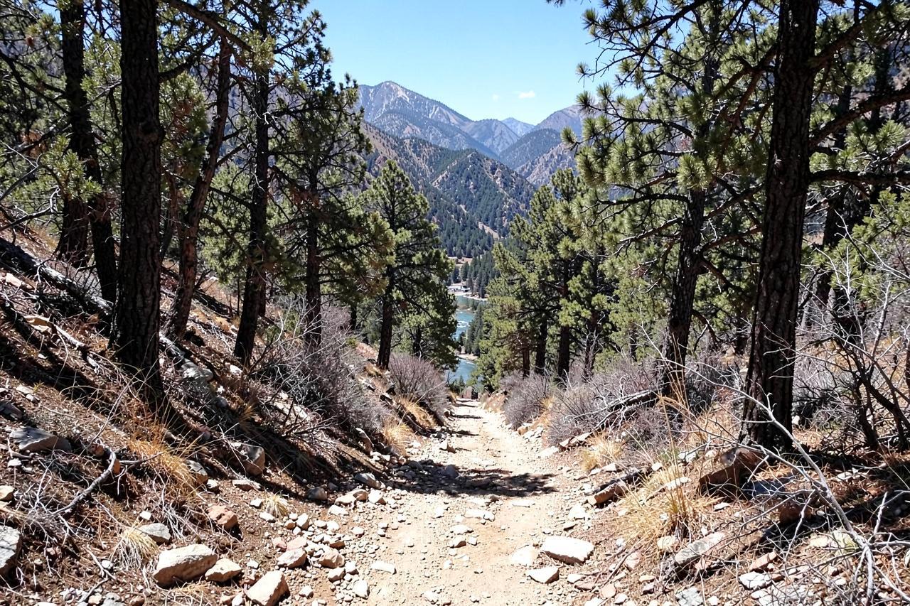 A steep, loose dirt trail dropping through dry oak and pine woodland toward a river gorge