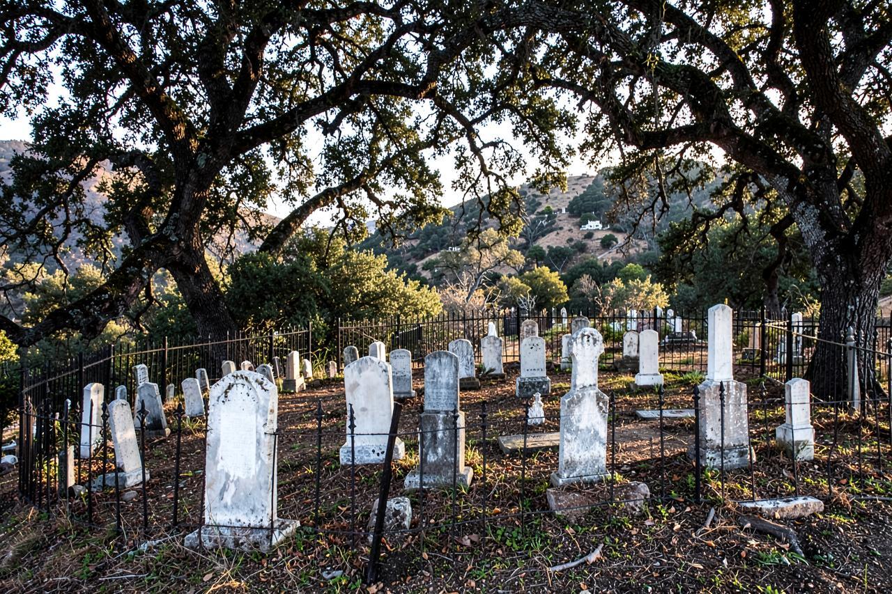 Weathered white marble headstones behind iron fencing on an oak-covered hillside
