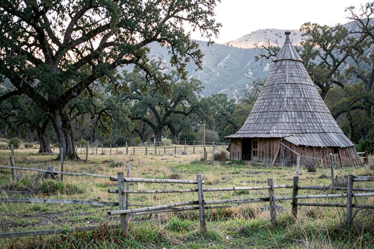 A conical cedar-bark Miwok dwelling and split-rail fence in an oak meadow