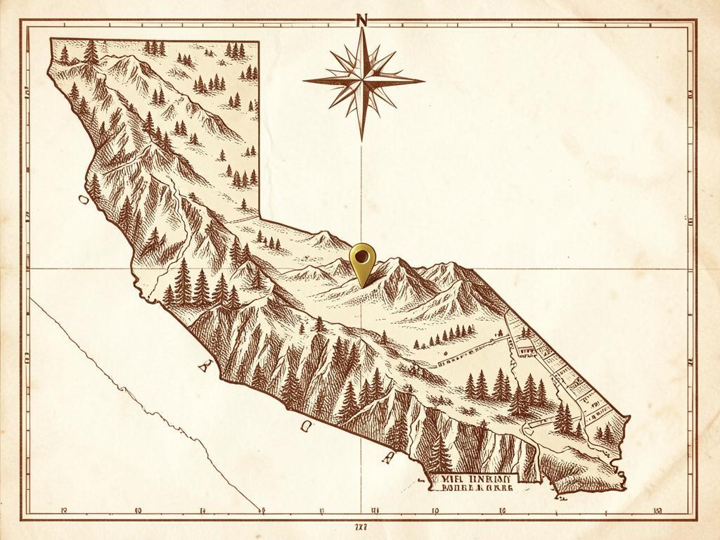 Illustrated antique-style map of California inside the United States with a gold marker on Groveland on the Highway 120 corridor west of Yosemite, with engraved oak and pine ridges and a river canyon