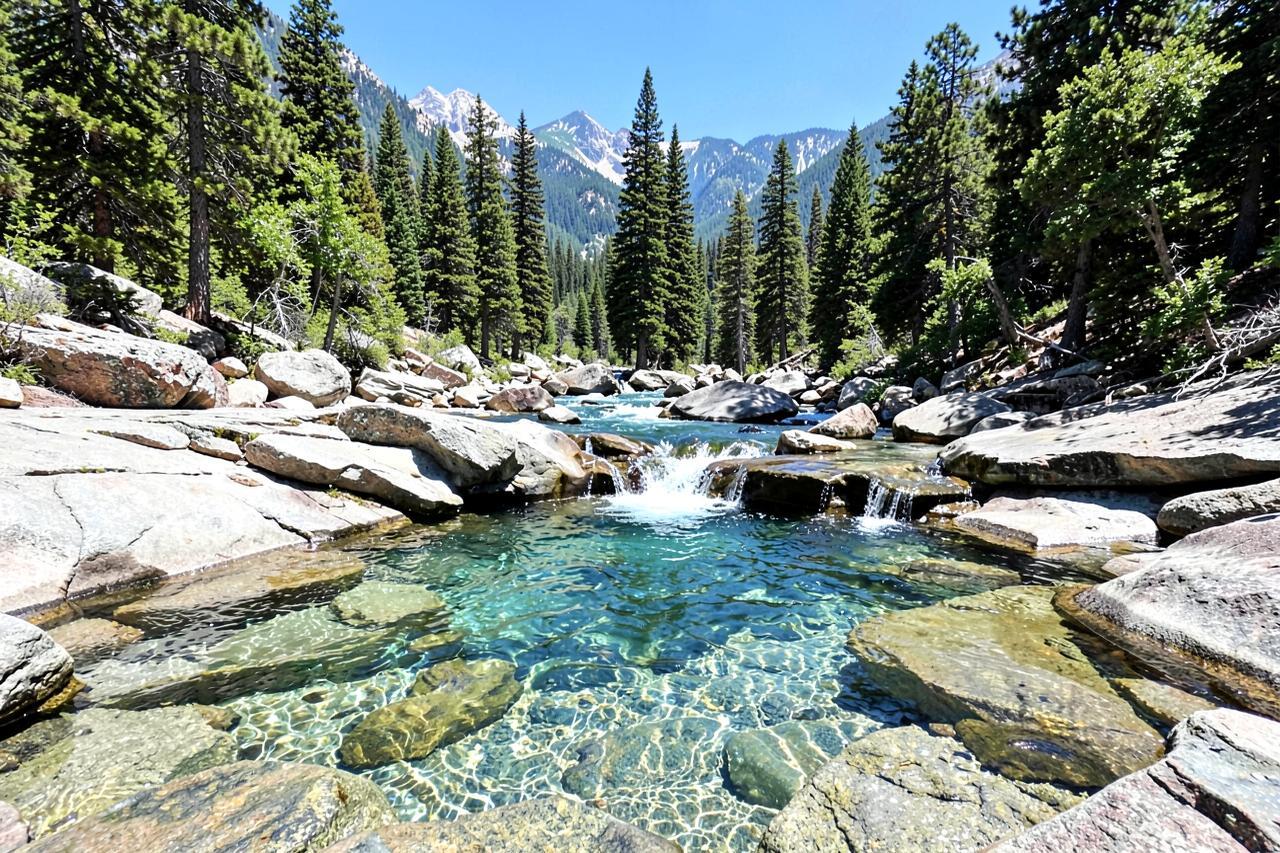A clear granite swimming pool below a small waterfall on a Sierra river in summer