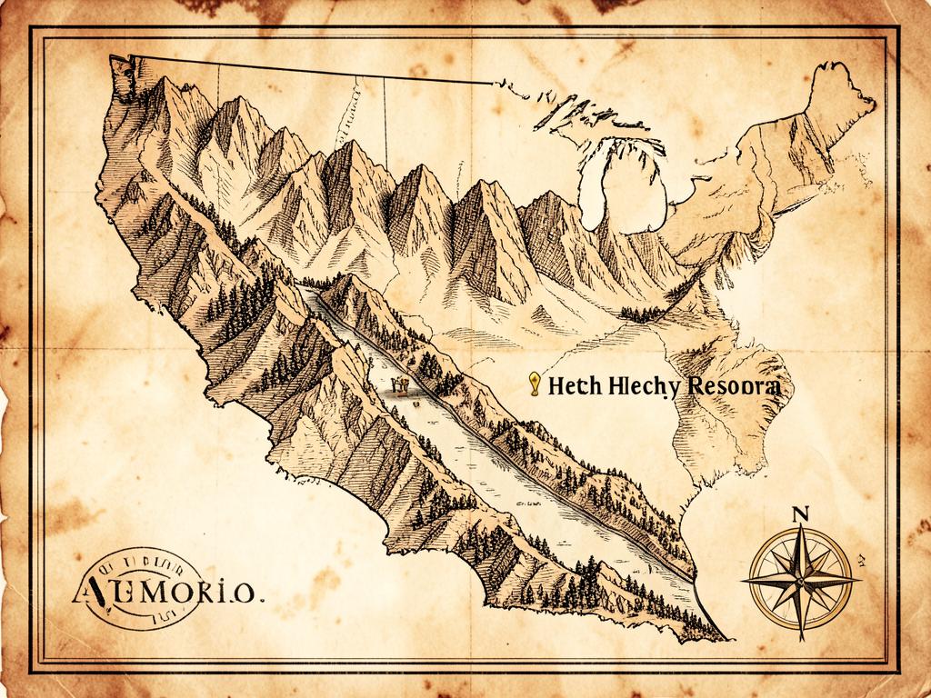 Illustrated antique-style map of California inside the United States with a gold marker on Hetch Hetchy Reservoir in northwest Yosemite