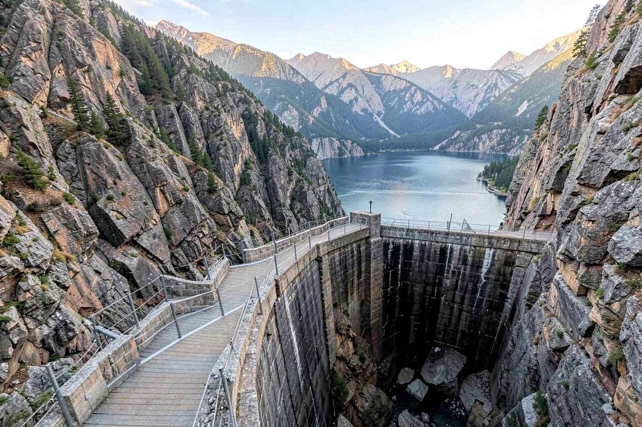 A curved concrete dam across a granite gorge with a walkway along its top