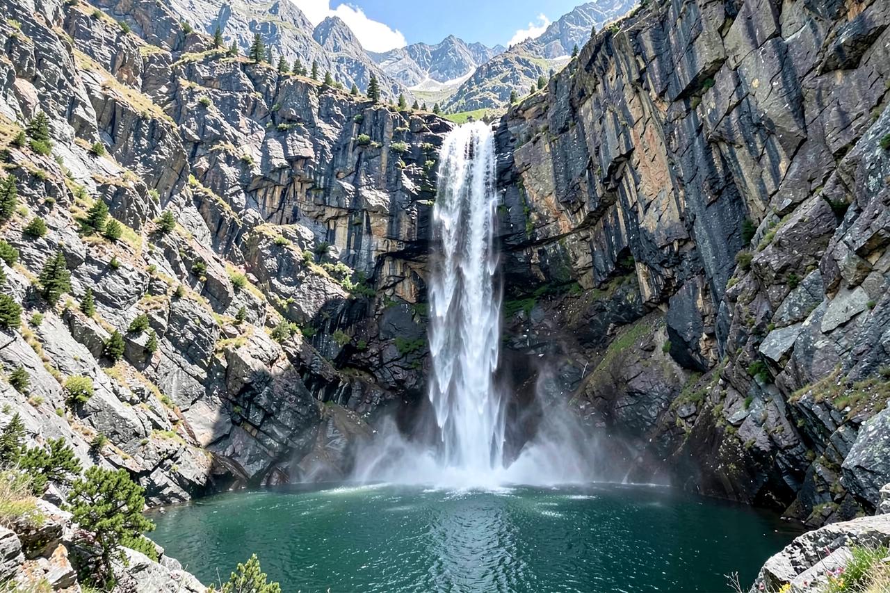 A tall spring waterfall dropping down a granite wall to the edge of a reservoir