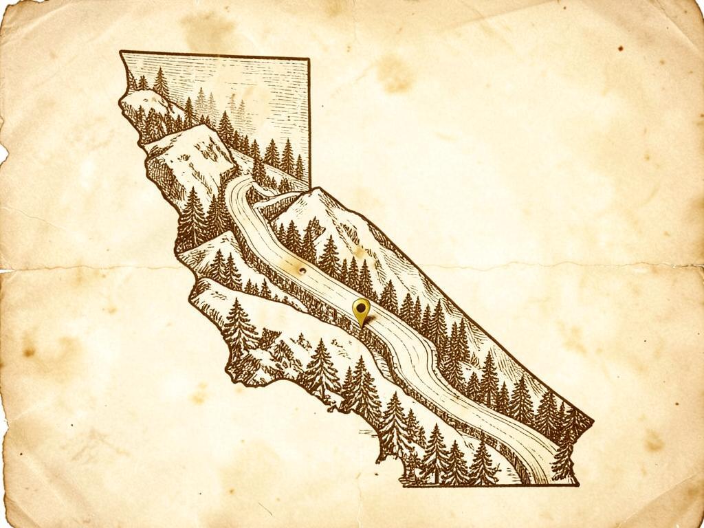 Illustrated antique-style map of California inside the United States with a gold marker on the Highway 4 corridor above Arnold