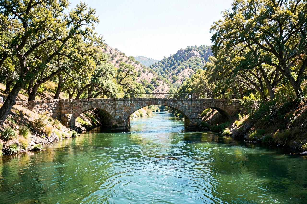 A stone arch bridge over a green river between oak-covered hills