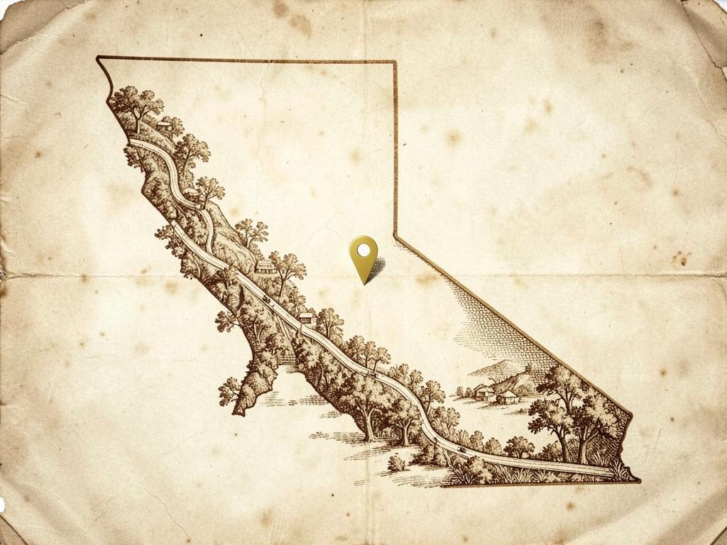 Illustrated antique-style map of California inside the United States with a gold marker on the Highway 49 Gold Country corridor