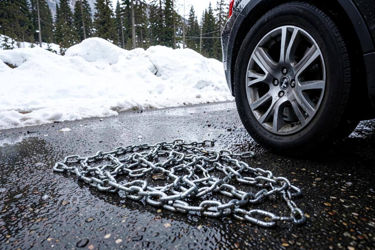 Tyre chains laid out on wet snowy asphalt beside a car wheel at a roadside pull-out