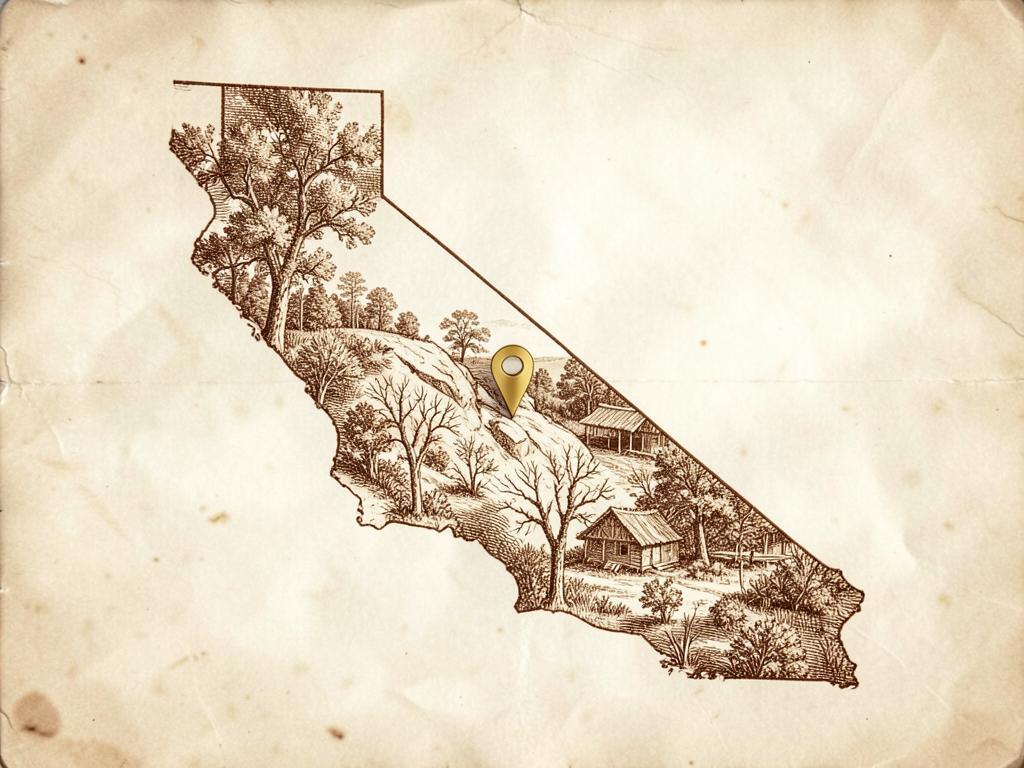 Illustrated antique-style map of California inside the United States with a gold marker on Indian Grinding Rock State Historic Park