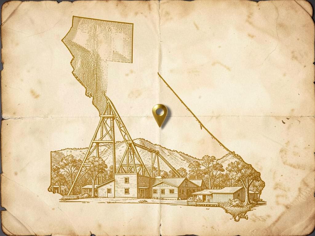 Illustrated antique-style map of California inside the United States with a gold marker on Jackson in Amador County