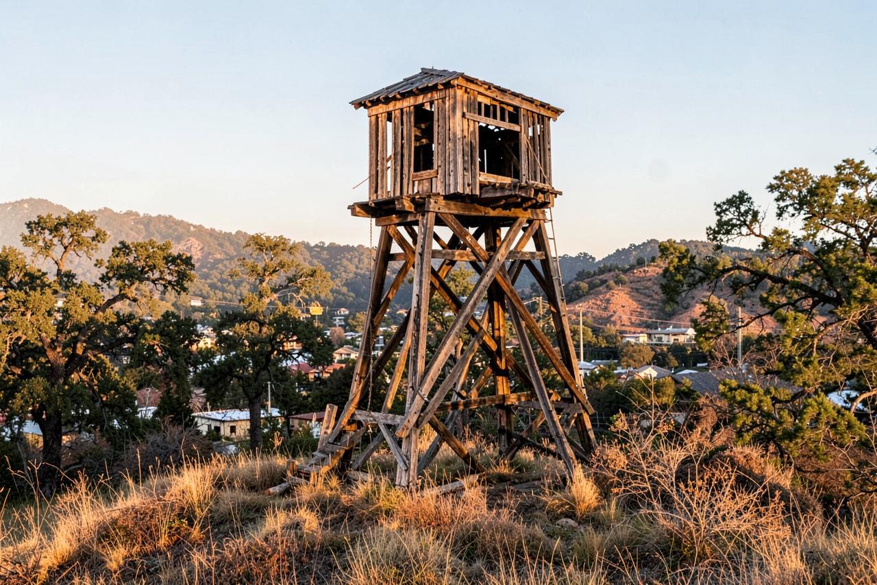 A weathered timber gold-mine headframe standing on a dry hill above a foothill town