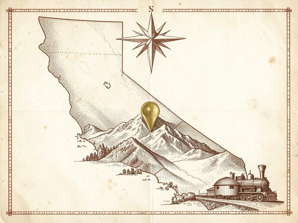 Illustrated antique-style map of California inside the United States with a gold marker on Jamestown in Tuolumne County, with engraved oak hills, a railroad roundhouse and a steam locomotive
