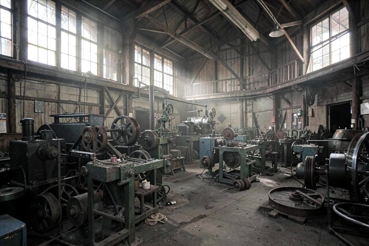 The interior of a historic railroad machine shop with belt-driven tools and shafts of dusty light