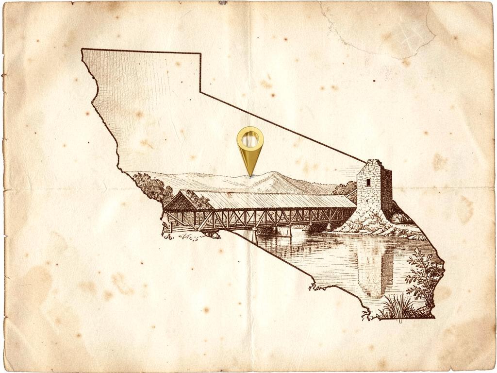 Illustrated antique-style map of California inside the United States with a gold marker on the Knights Ferry covered bridge