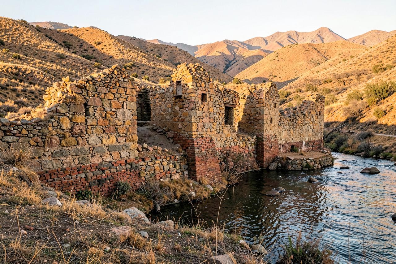 Ruined stone and brick mill walls standing beside the river in dry golden hills