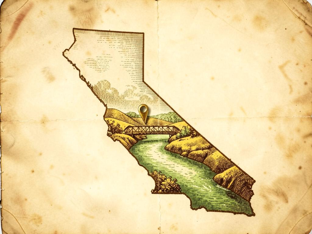 Illustrated antique-style map of California inside the United States with a gold marker on the lower Stanislaus River at Knights Ferry