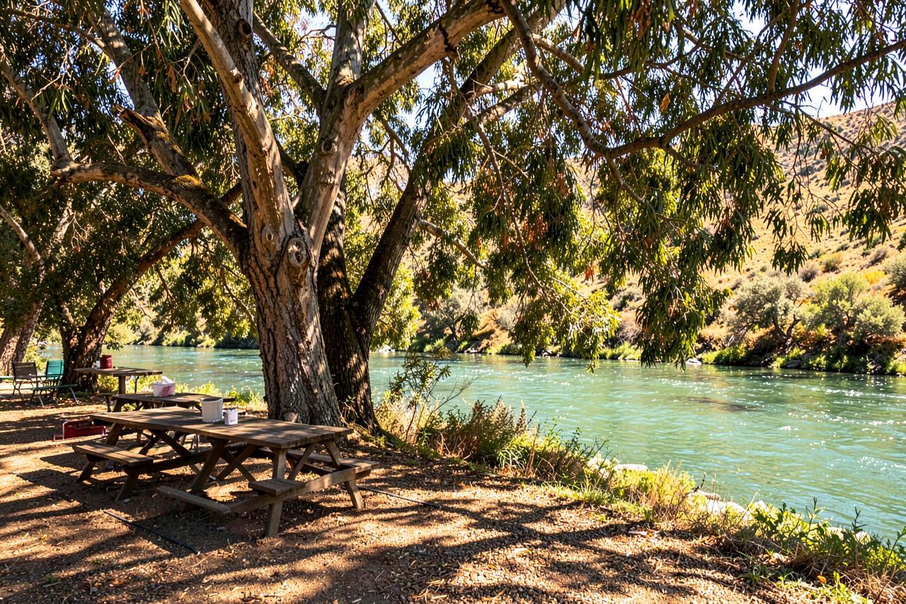 Shaded picnic tables under big trees beside the green water of the lower Stanislaus