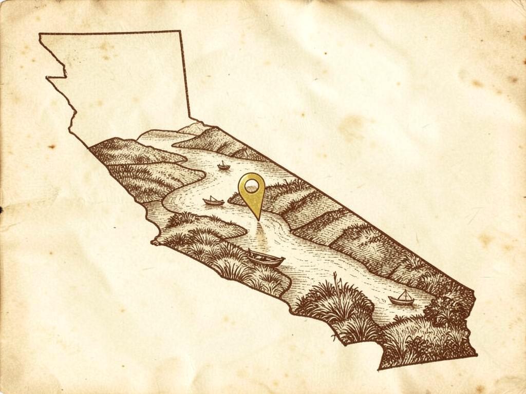 Illustrated antique-style map of California inside the United States with a gold marker on Lake Tulloch in the Calaveras foothills