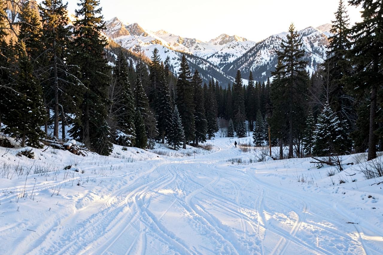 Cross-country ski and snowshoe tracks crossing a snow-covered mountain meadow at dusk