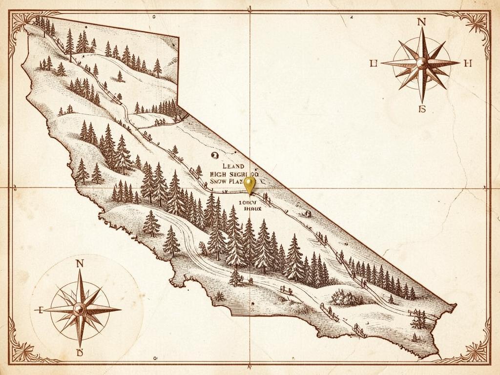 Illustrated antique-style map of California inside the United States with a gold marker on the Leland snow play area high on the Highway 108 corridor, with engraved snowy conifer slopes and sled hills