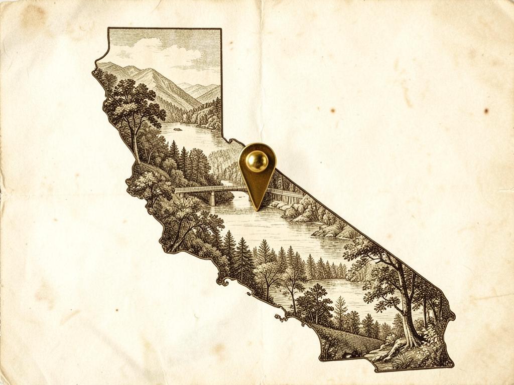 Illustrated antique-style map of California inside the United States with a gold marker on Lyons Reservoir above Twain Harte, with an engraved small forested reservoir and a dam