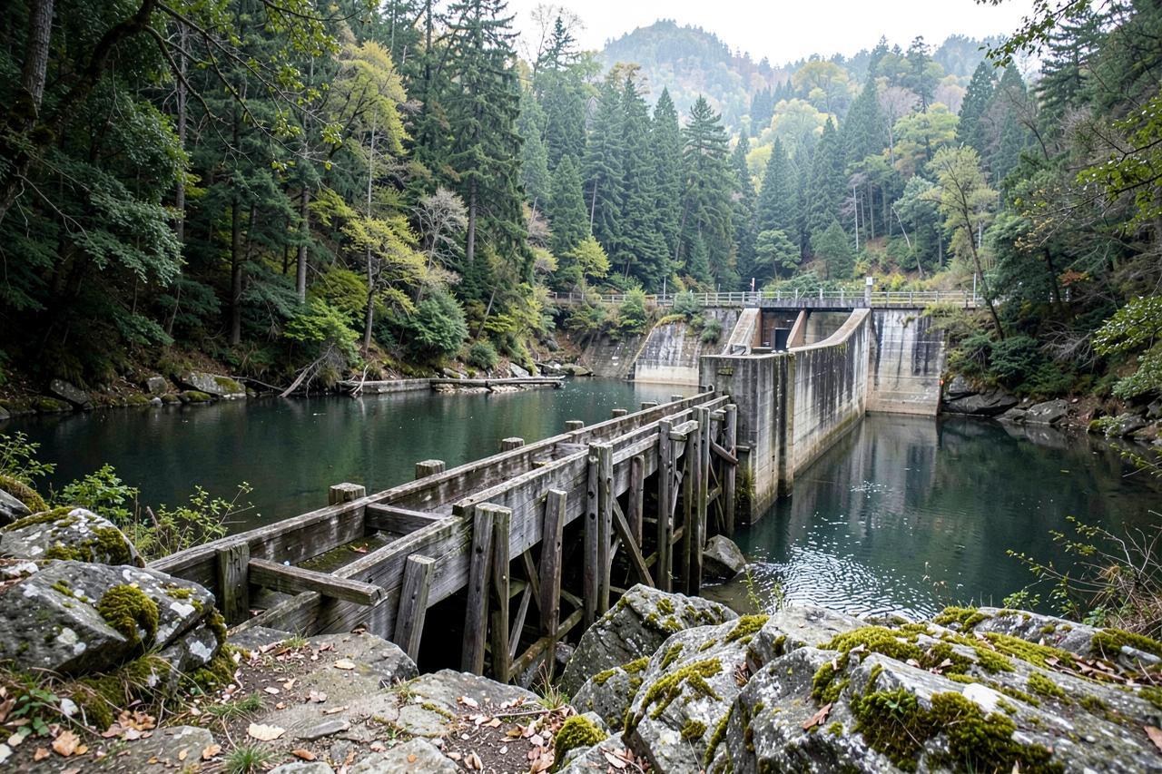 An old wooden flume and a small concrete dam at the end of a forested reservoir