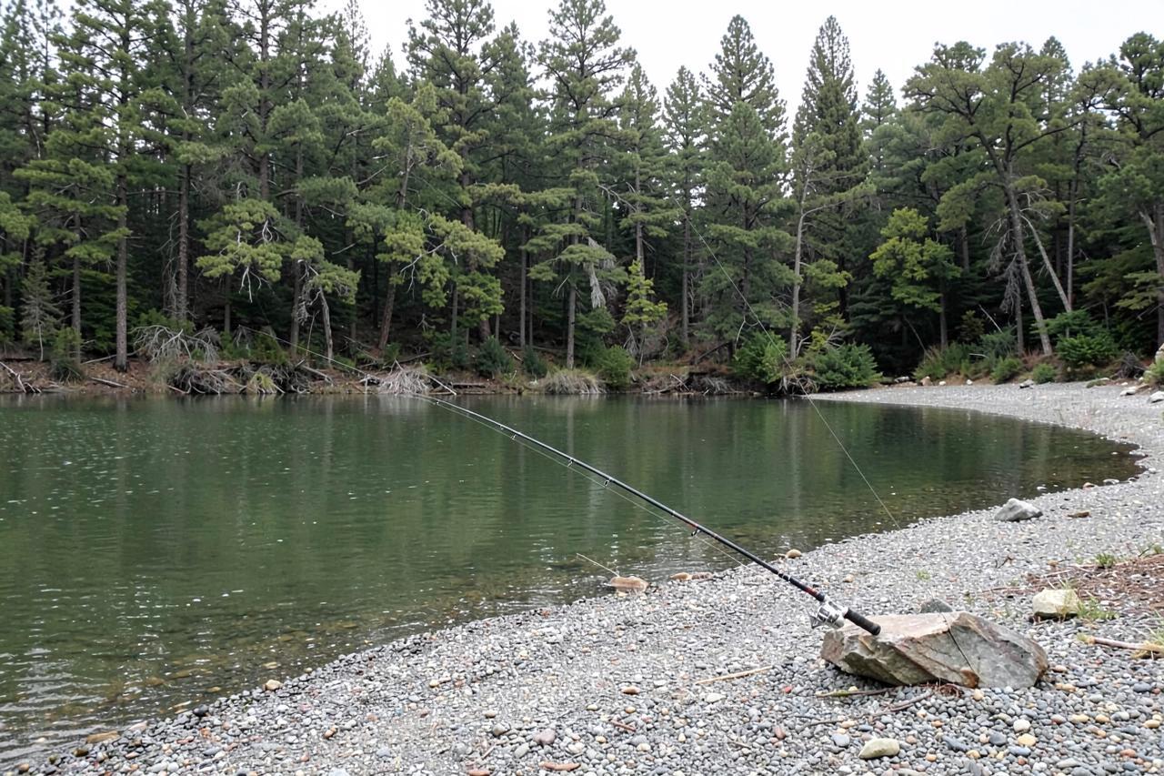 A fishing rod resting on a rock on the gravel shore of a quiet reservoir