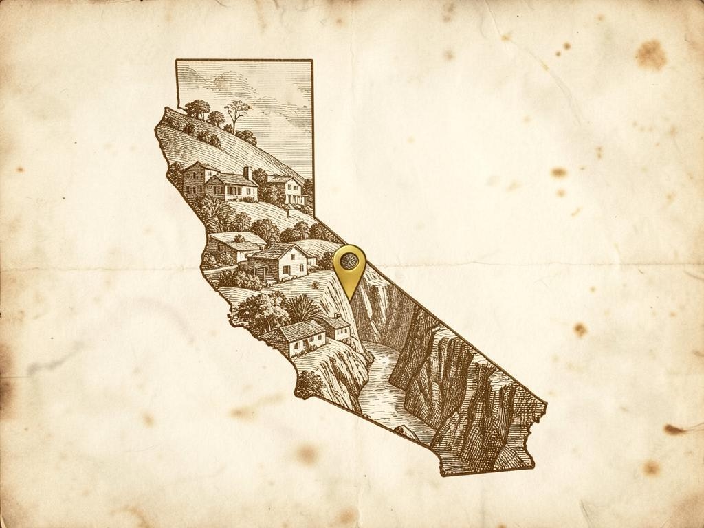 Illustrated antique-style map of California inside the United States with a gold marker on Mokelumne Hill above the Mokelumne River canyon