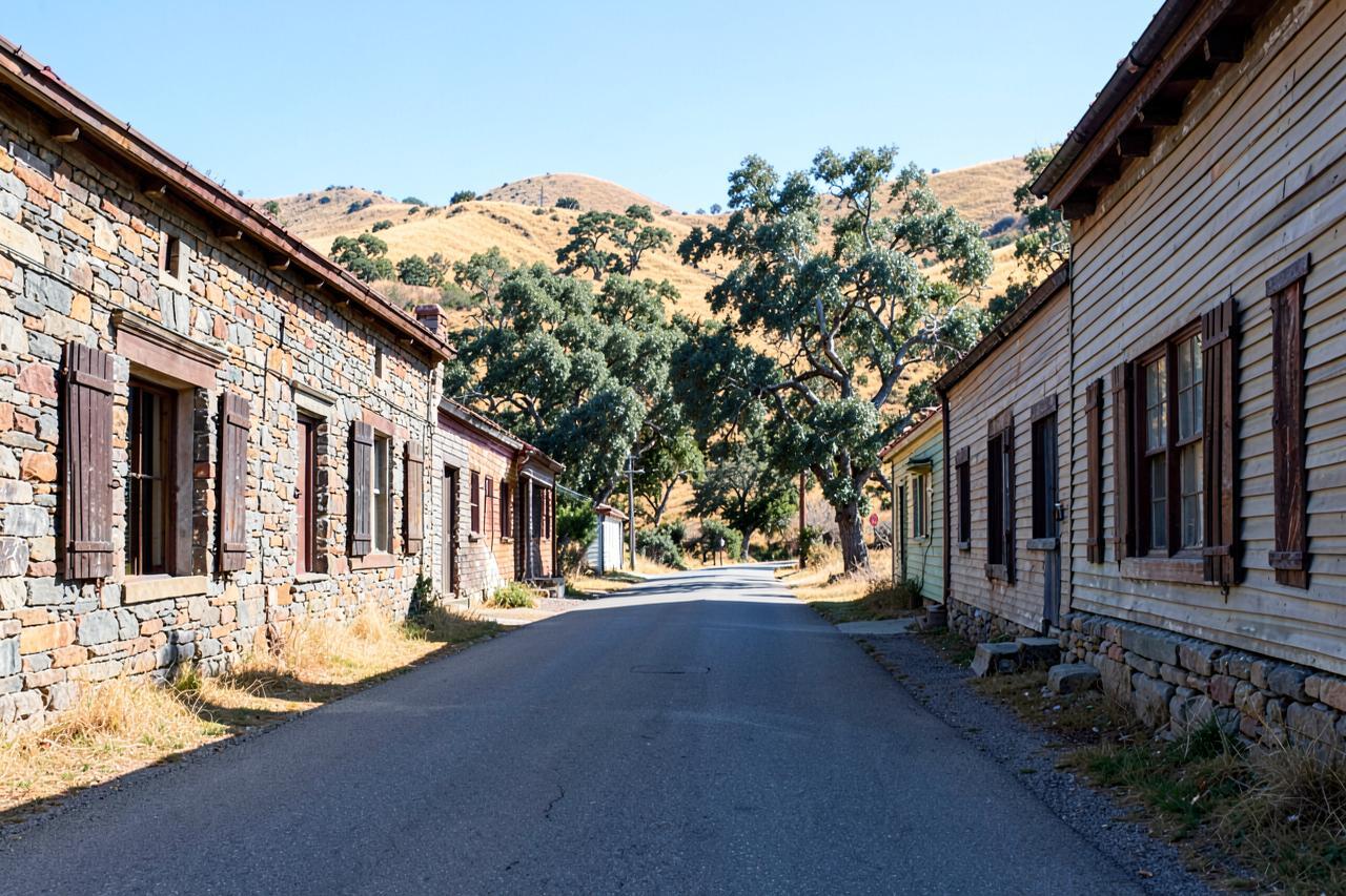 A quiet lane of stone and clapboard 1850s buildings below dry golden hills