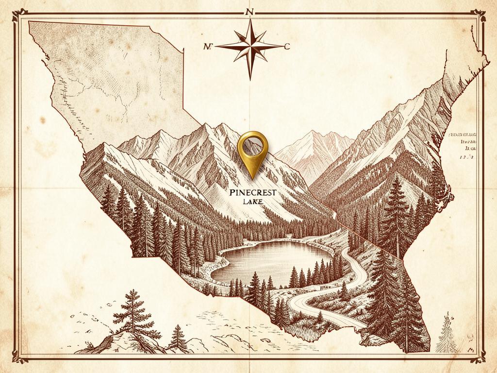 Illustrated antique-style map of California inside the United States with a gold marker on Pinecrest Lake in the central Sierra Nevada, with an engraved granite-rimmed lake, pine forest and a mountain highway