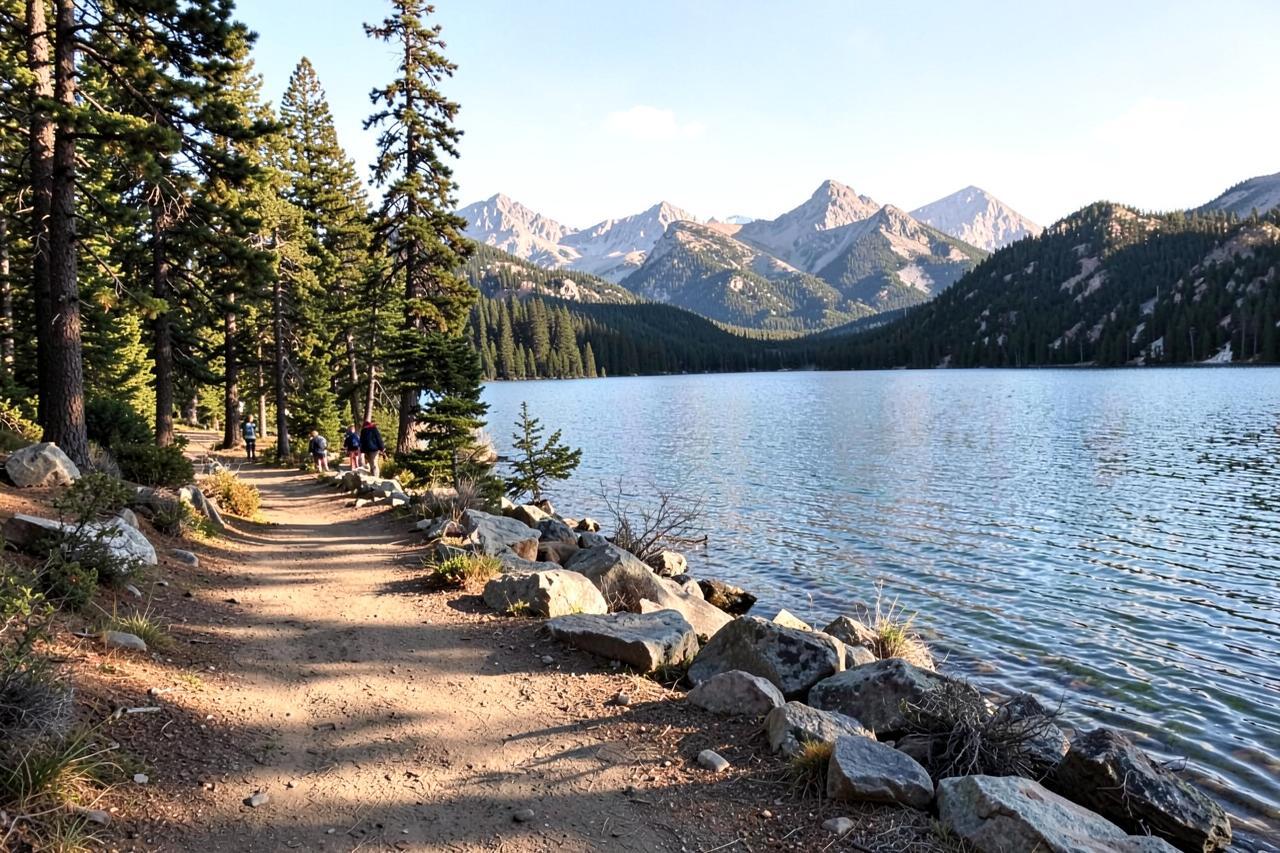 The wide dirt lakeshore trail at Pinecrest winding through pines beside granite slabs at the water's edge