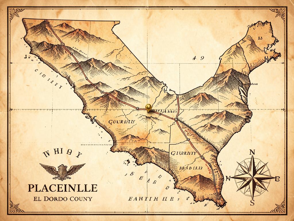 Illustrated antique-style map of California inside the United States with a gold marker on Placerville at the north end of Highway 49